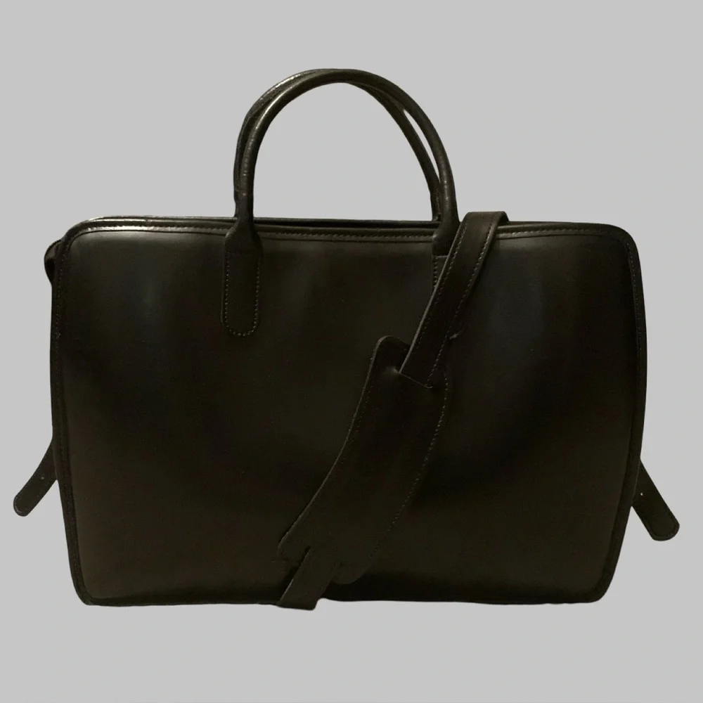 Jack Georges slim black leather briefcase laptop bag with crossbody strap